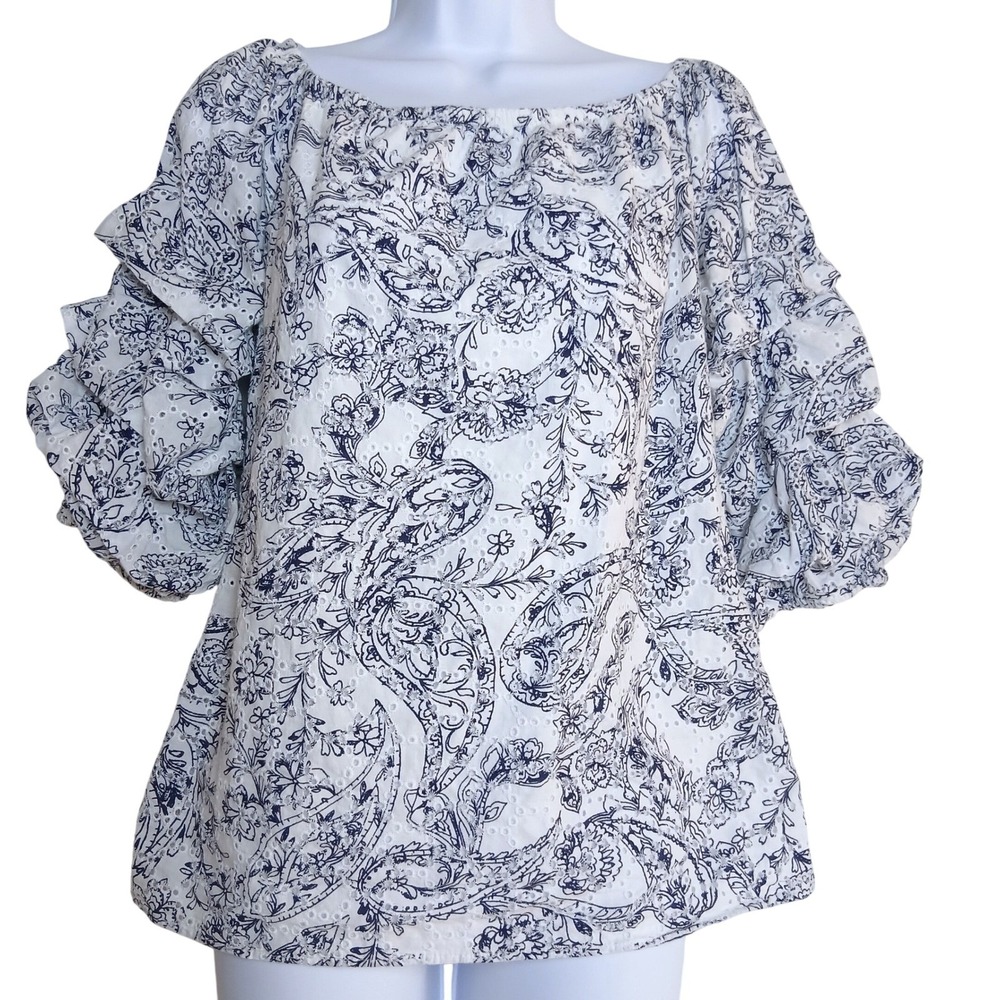 CeCe White‎ Blue Paisley Eyelet Blouse S Off Shoulder Ruffle Boho Cottagecore
